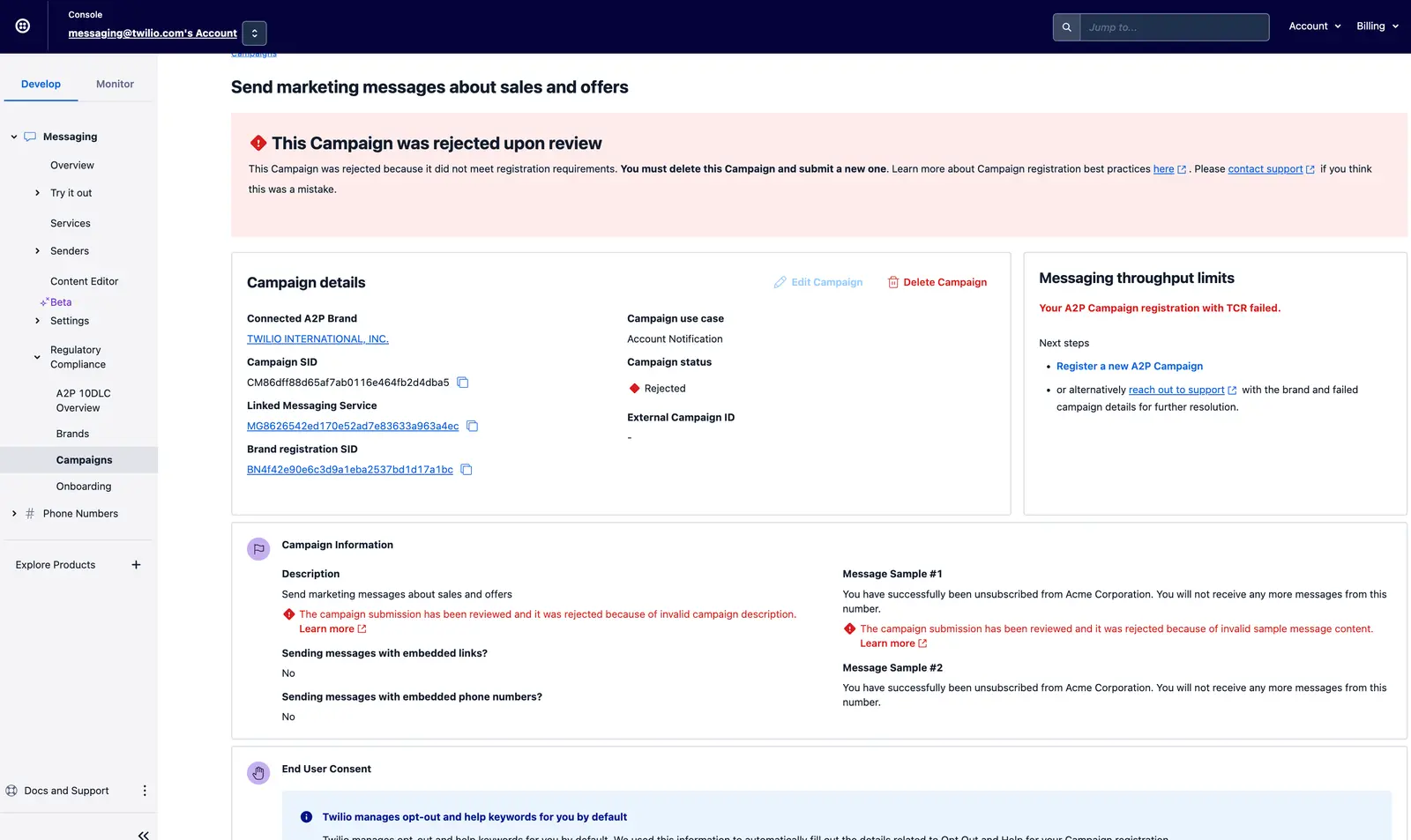 Campaign rejected due to invalid description; next steps include registering a new A2P campaign.