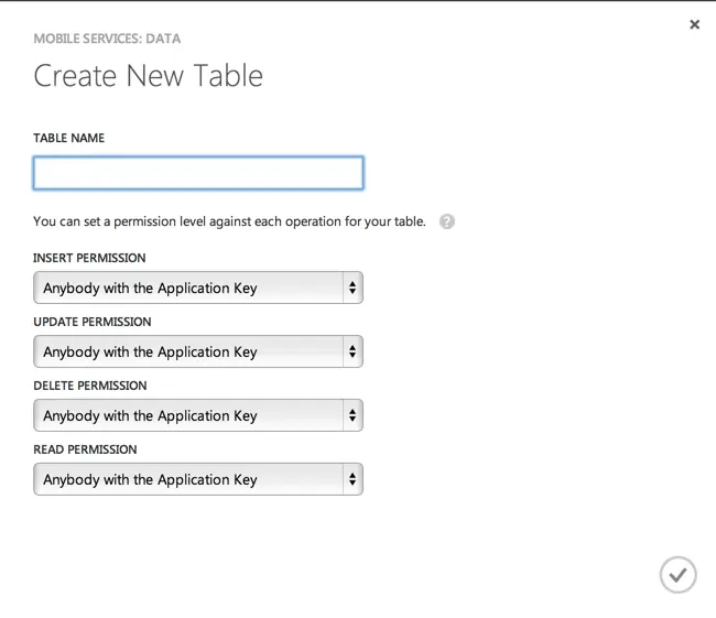 Create New Table form with fields for table name and permissions for insert, update, delete, and read.