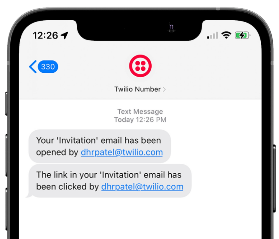 Screenshot showing an SMS alert