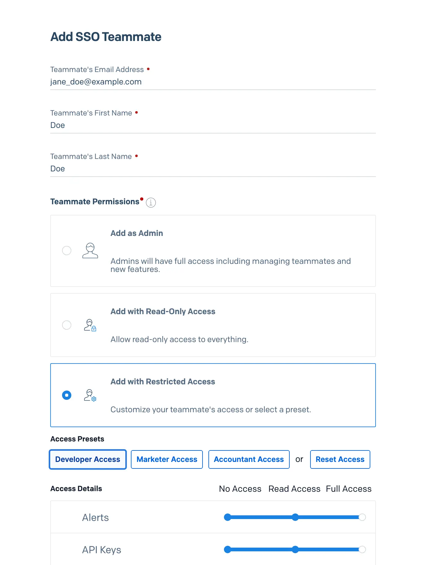 Add SSO teammate with options for admin, read-only, or restricted access.