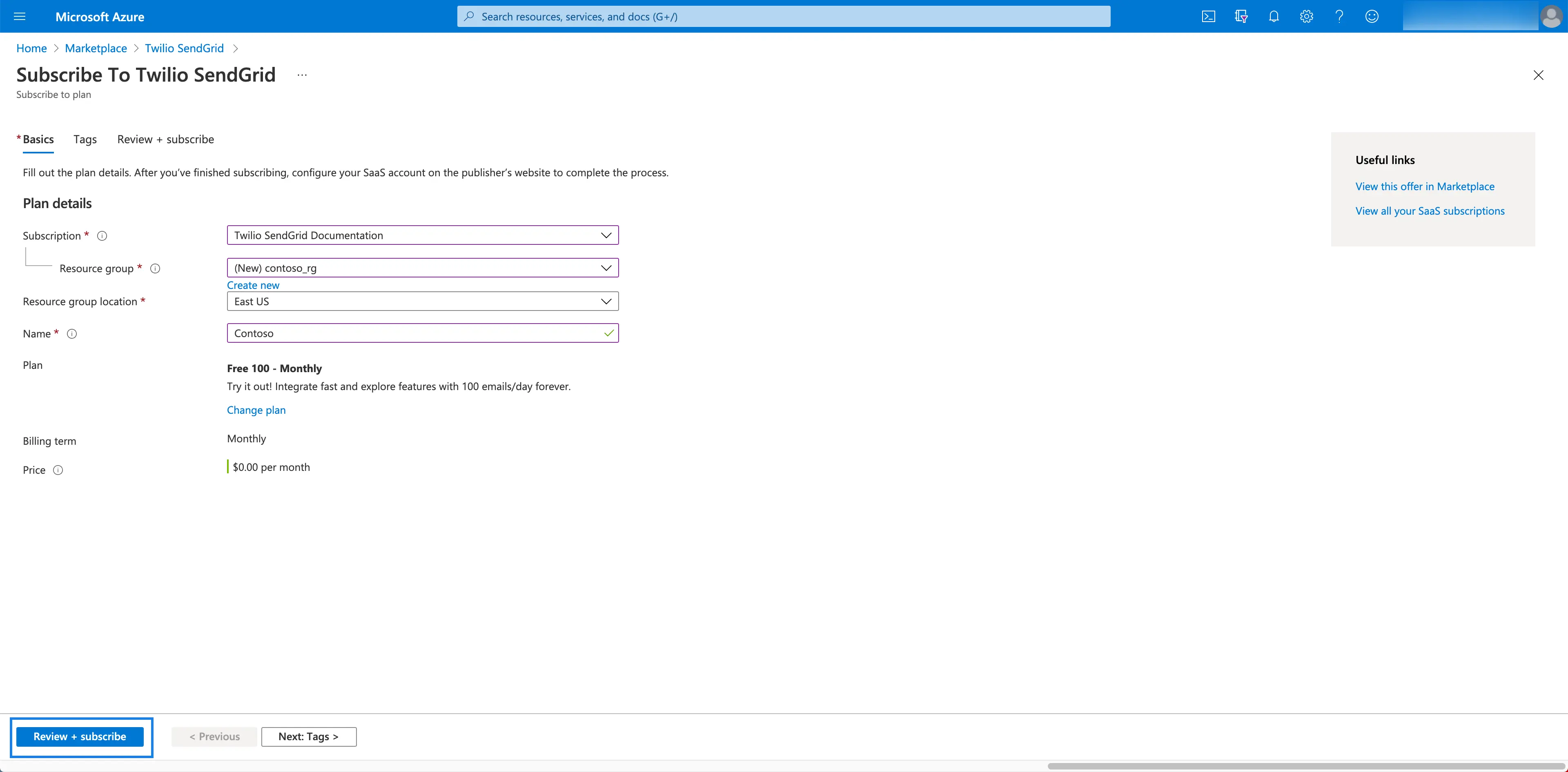 Azure interface for subscribing to Twilio SendGrid with plan details and pricing.