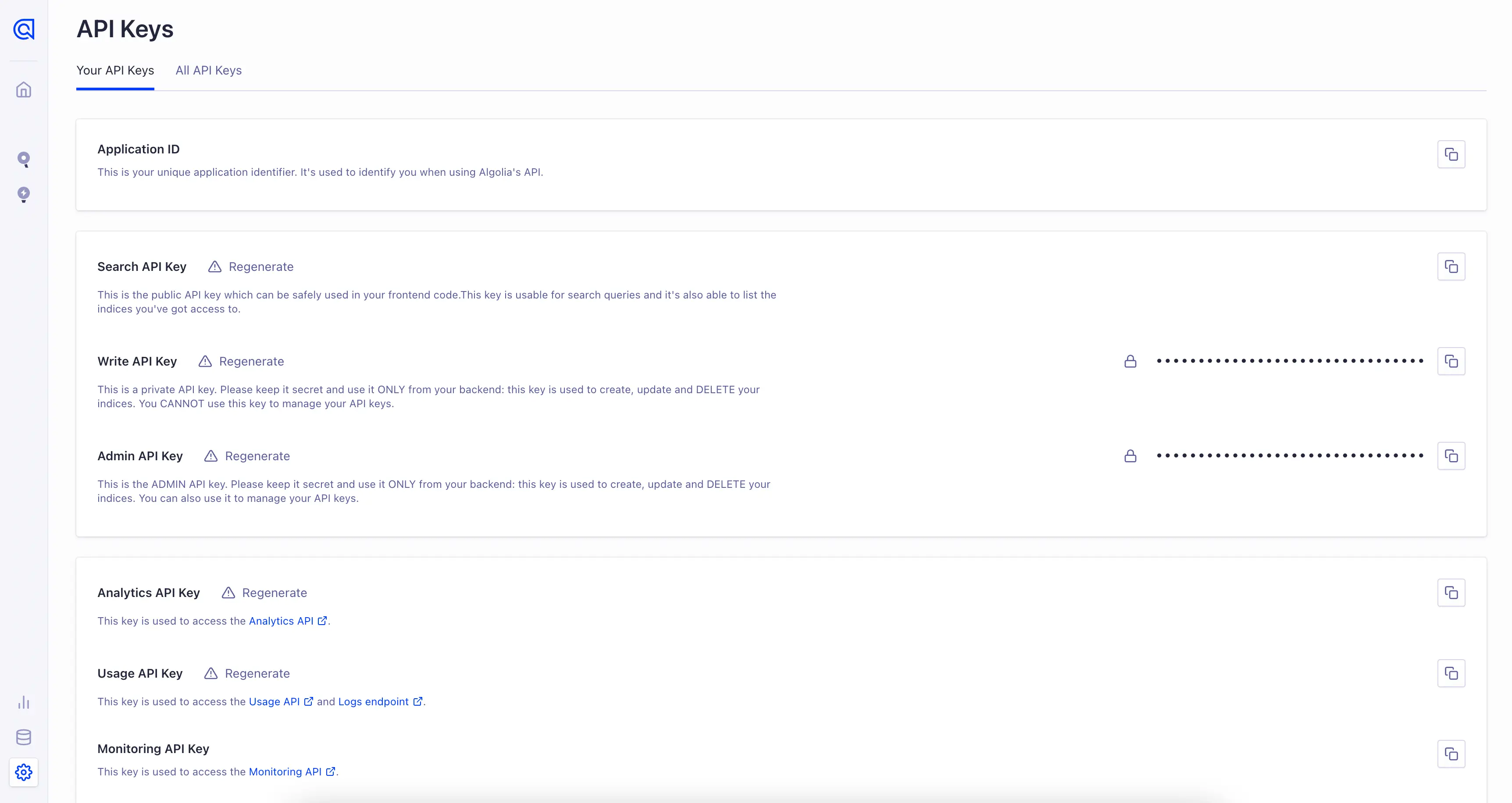 Algolia API keys page showing Application ID and various API keys with regenerate options.
