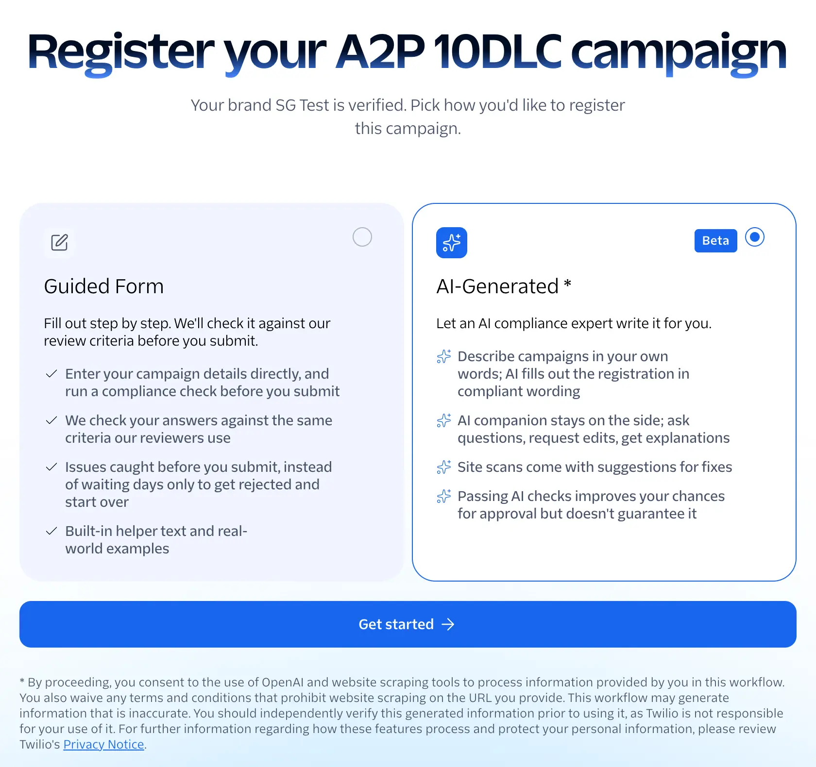 Register your A2P 10DLC campaign screen with the Guided Form and AI-Generated options.