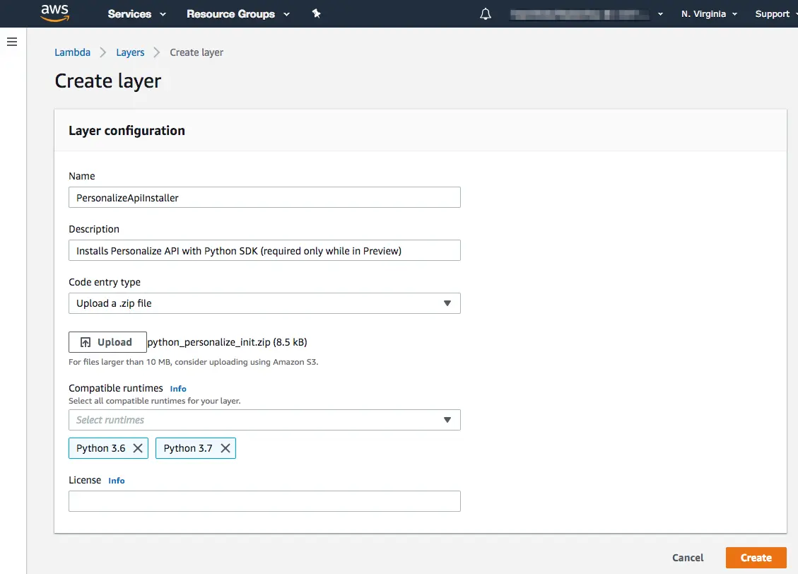 AWS Lambda layer configuration for Personalize API with Python SDK, uploading zip file for Python 3.6 and 3.7.