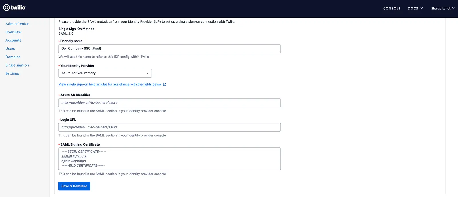 Twilio SSO setup with fields for friendly name, identity provider, Azure AD identifier, login URL, and SAML signing certificate.