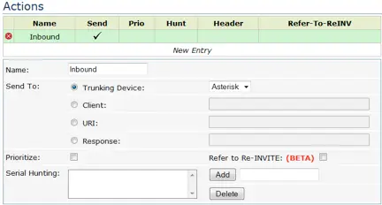 EdgeMarc settings for inbound trunking with options for device, client, URI, and response.