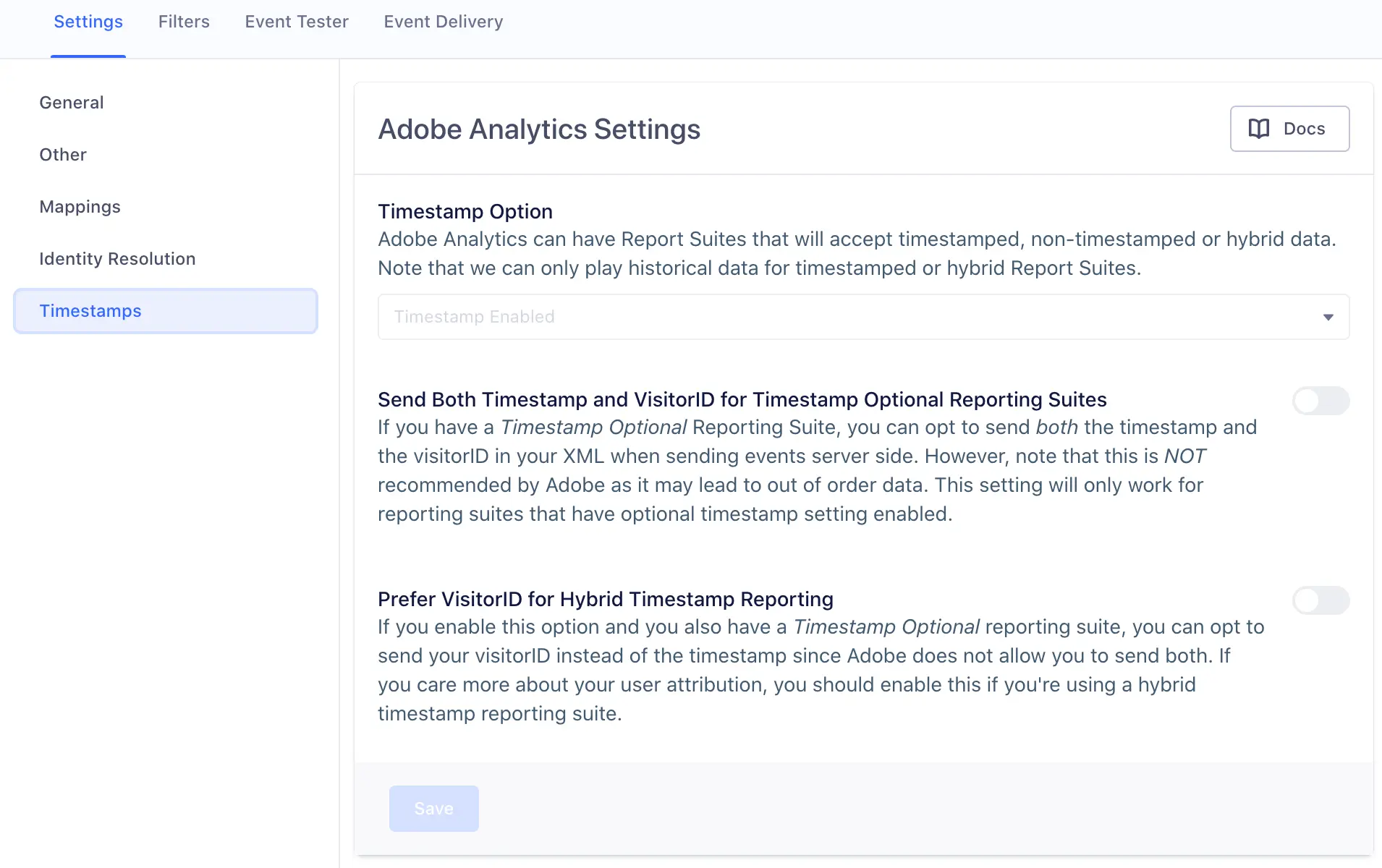 A screenshot of the Adobe Analytics settings page in Segment, with the Timestamps section selected.
