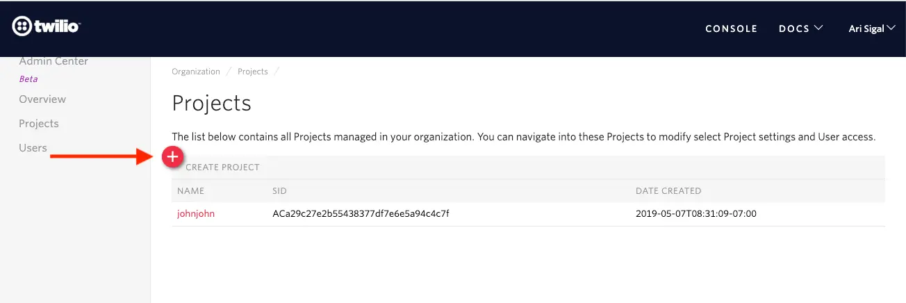 Admin Center interface showing Projects list with a highlighted 'Create Project' button.