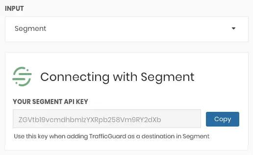 Connecting with Segment interface showing API key and copy button.