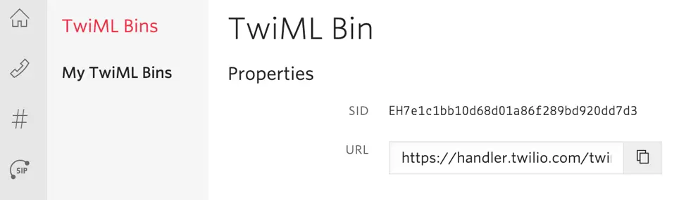 TwiML Bin properties showing SID and URL with copy button.