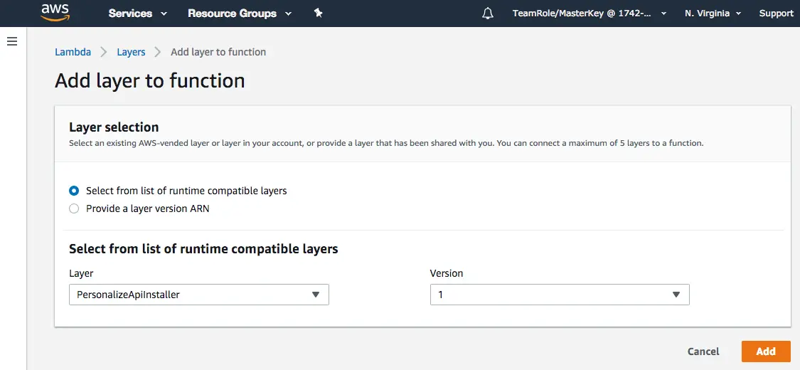 AWS Lambda add layer to function with PersonalizeApiInstaller selected.