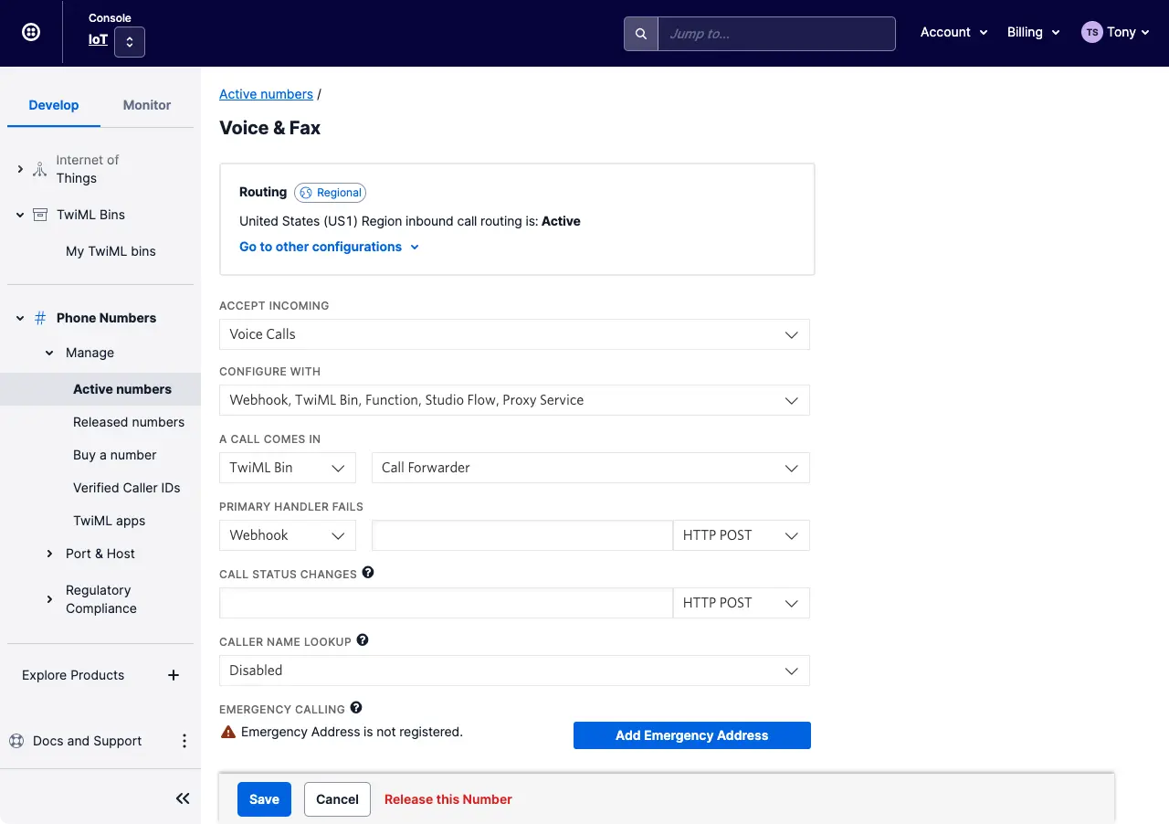 Twilio for Salesforce call forwarding settings with options for routing and emergency address.