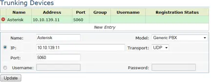 Trunking device settings with Asterisk, IP 10.10.139.11, port 5060, and UDP transport.