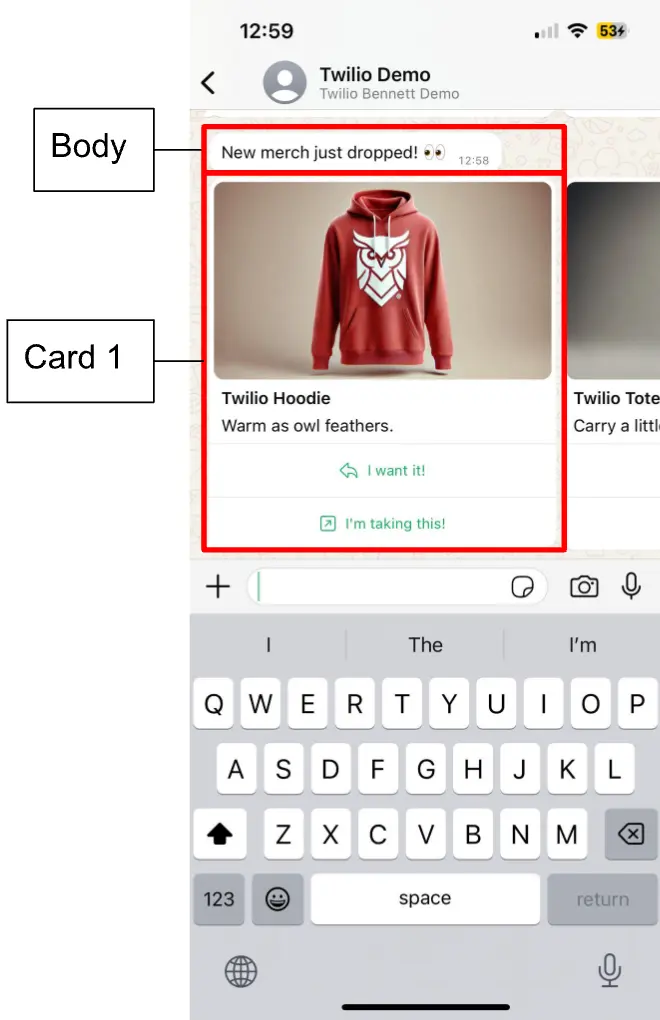 Twilio demo chat showing a red hoodie with owl design, labeled 'Twilio Hoodie'.