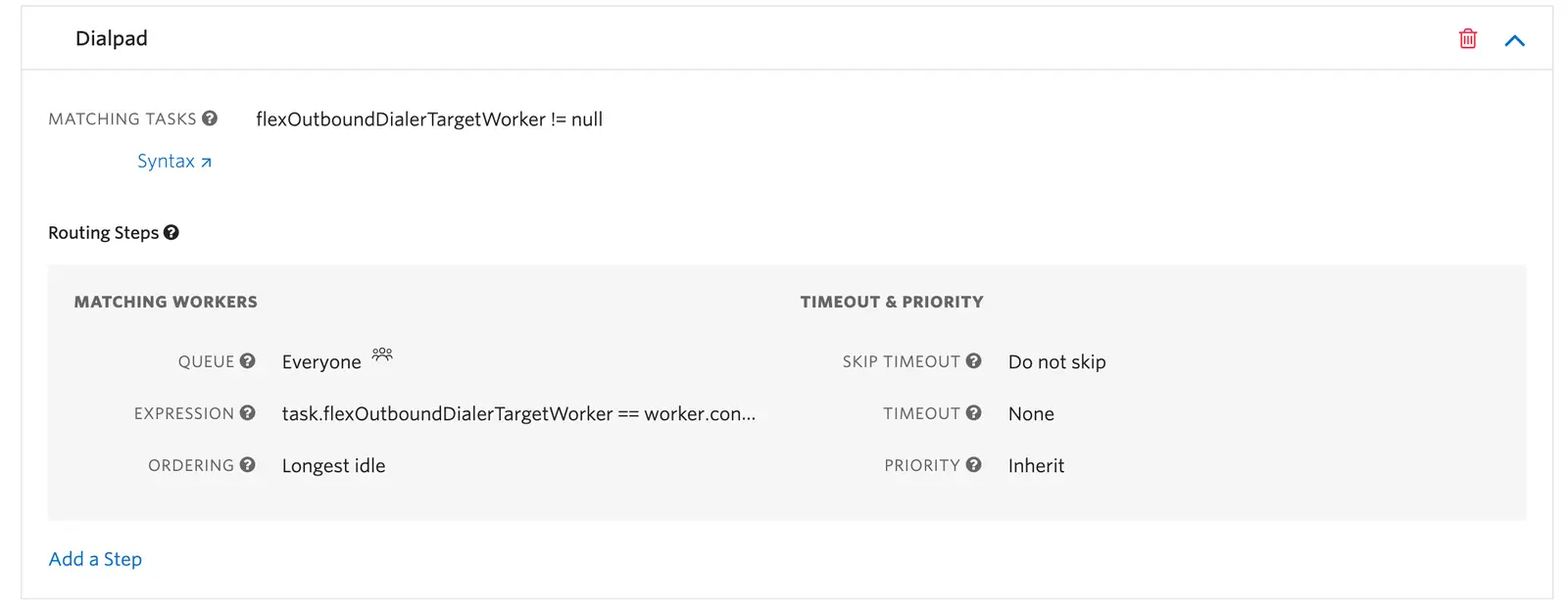 Dialpad settings with task matching and routing steps for outbound dialer.