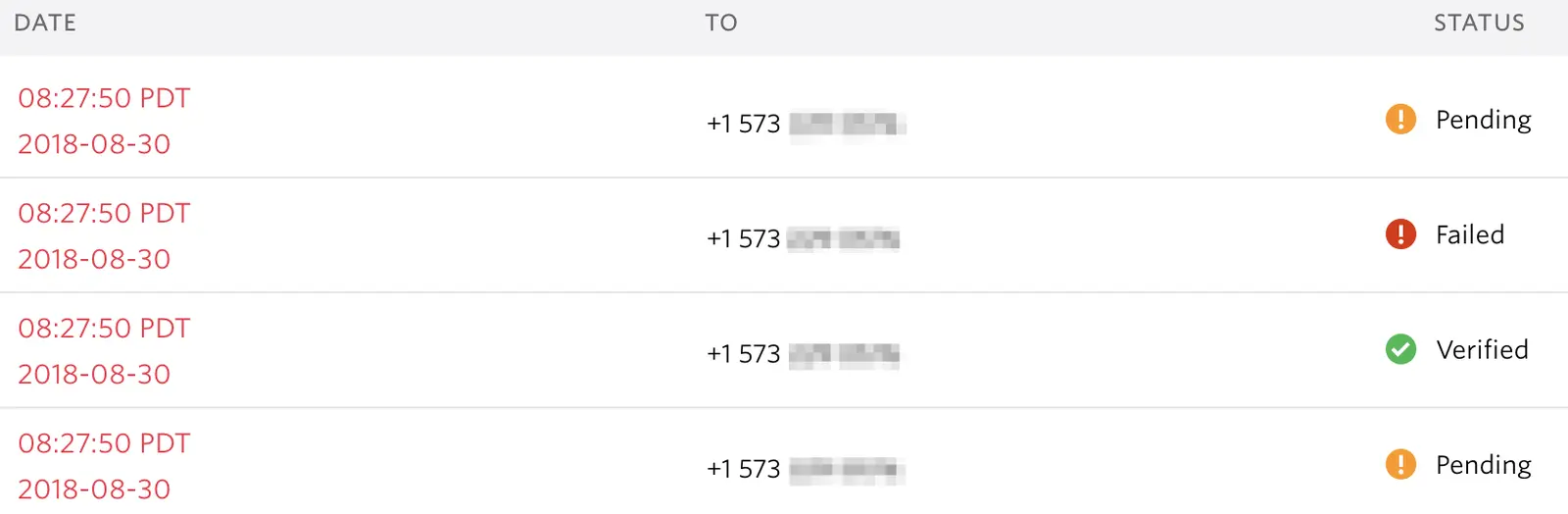 Verification logs showing status as pending, failed, and verified for different timestamps.