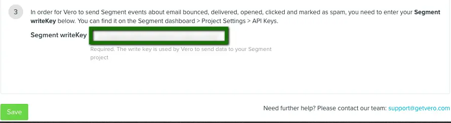 Enter Segment writeKey for Vero to send email event data.
