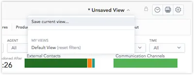 Dropdown menu for saving current view with options for default view and reset filters.