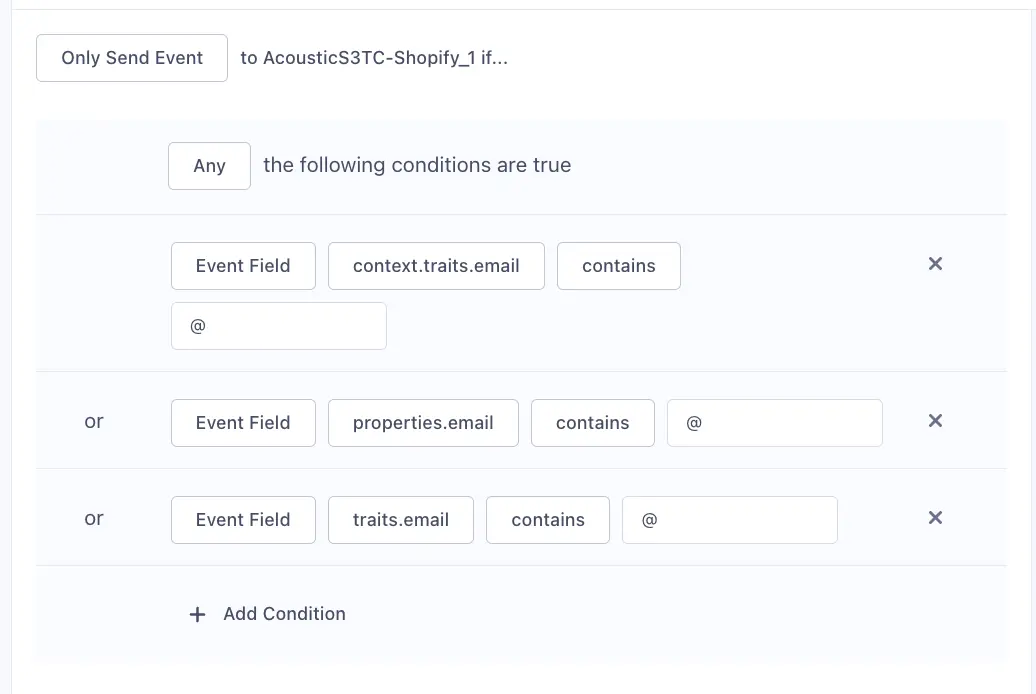Segment UI showing email event filters for AcousticS3TC-Shopify_1 destination.