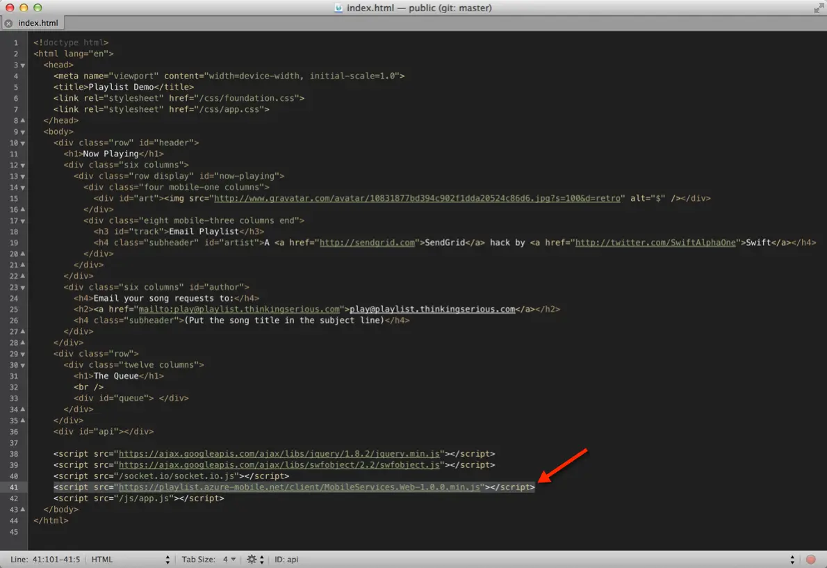 Code editor showing HTML with script tag for Azure Mobile Services.