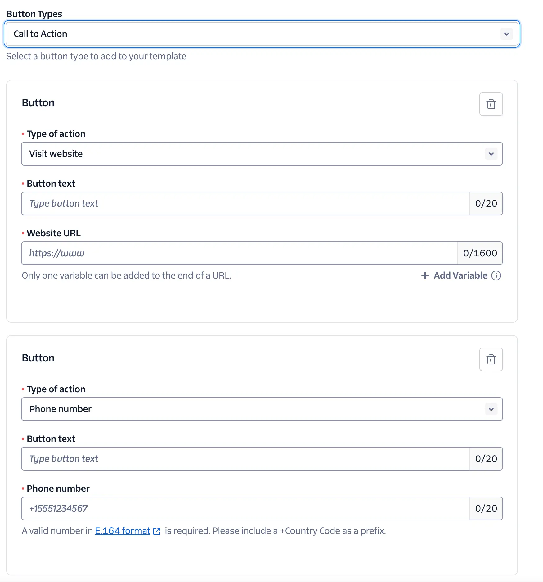 WhatsApp button template with options for call to action, visit website, and phone number.