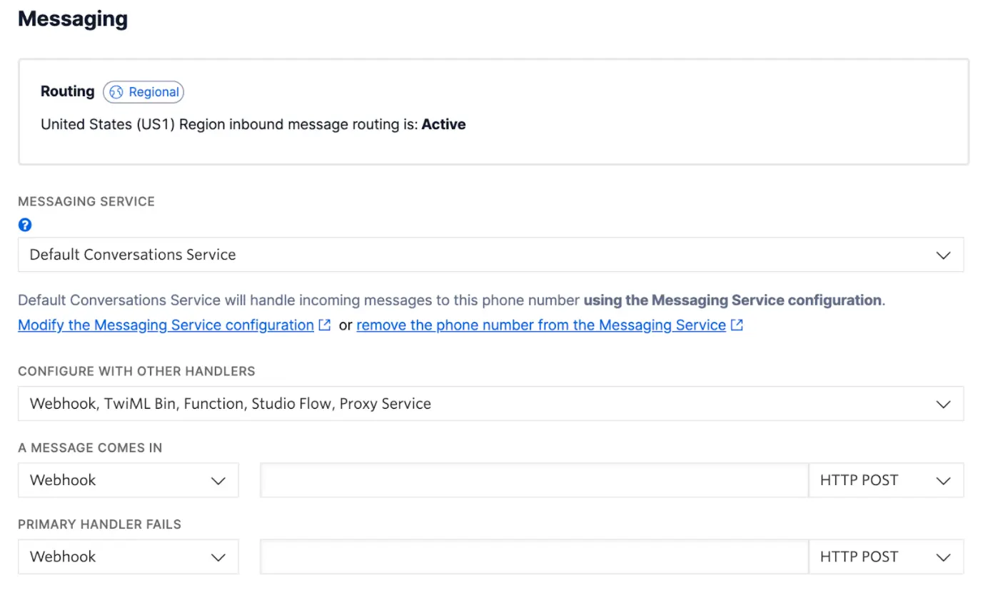 Messaging service setup with default conversations and webhook handlers.