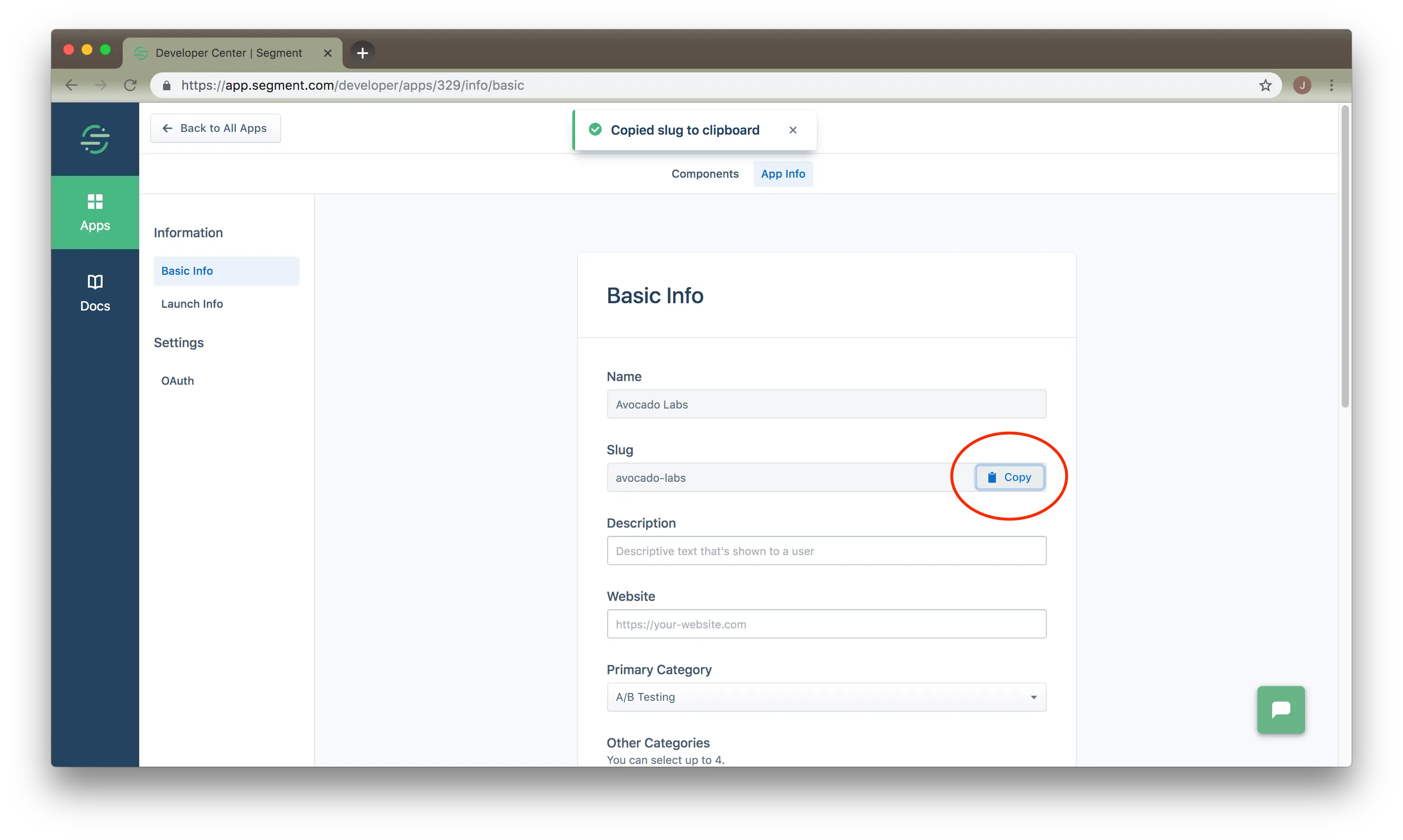 Segment app basic info with copy slug button highlighted.