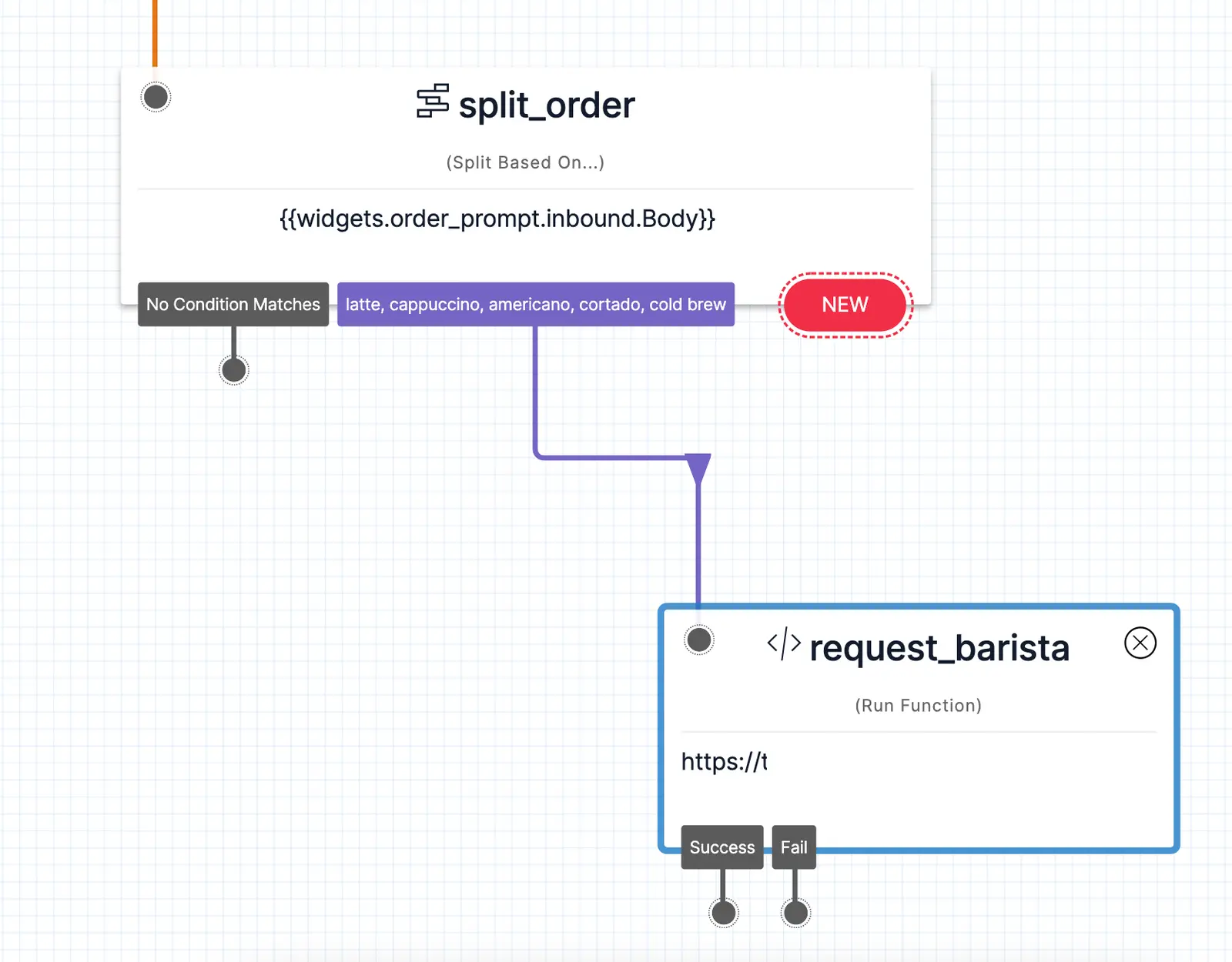 Twilio Studio flow with split_order widget connecting to request_barista widget for coffee types.