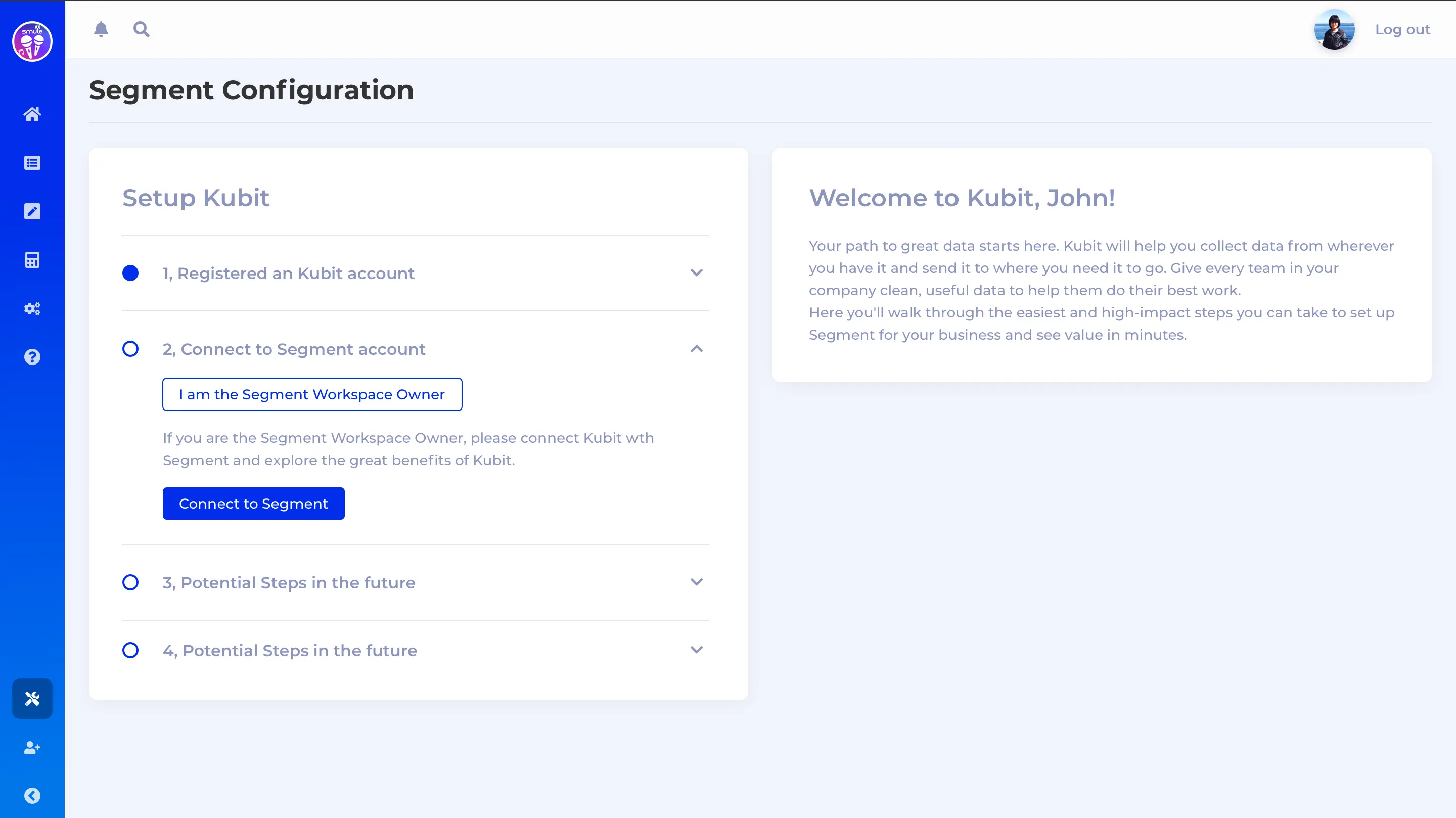 Kubit Segment Configuration page with steps to connect account.