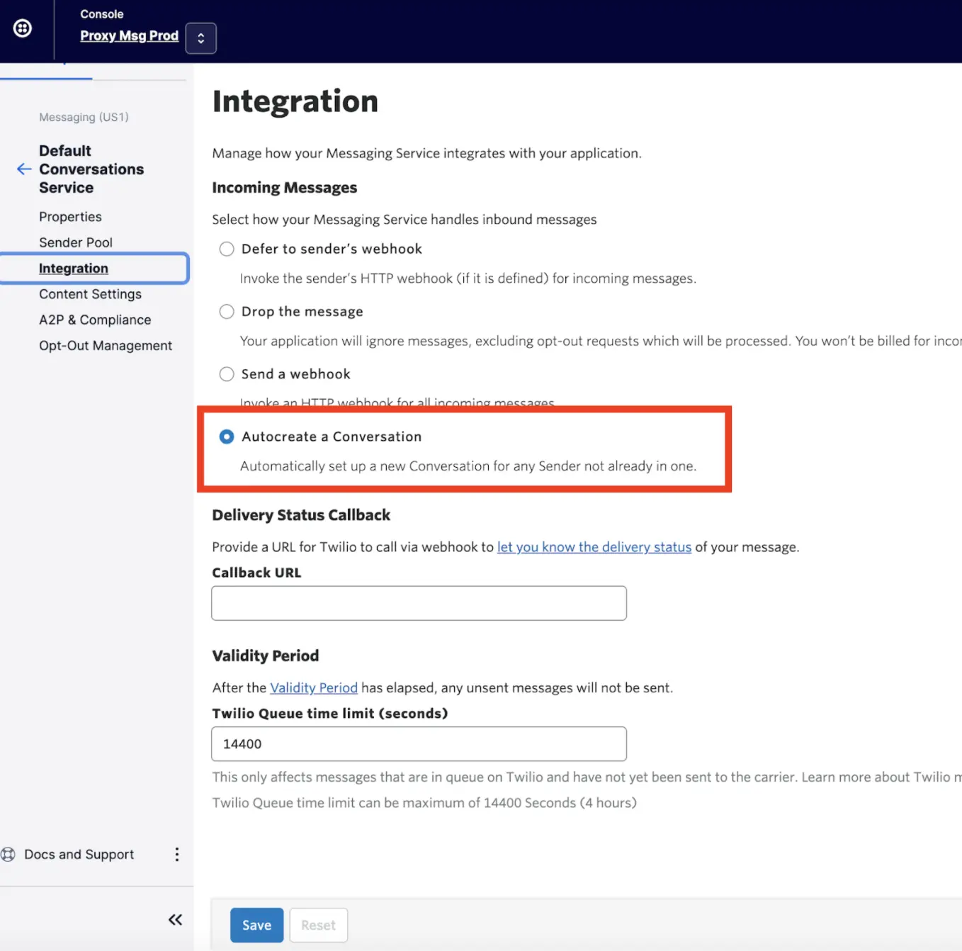 Integration settings with 'Autocreate a Conversation' option selected for incoming messages.
