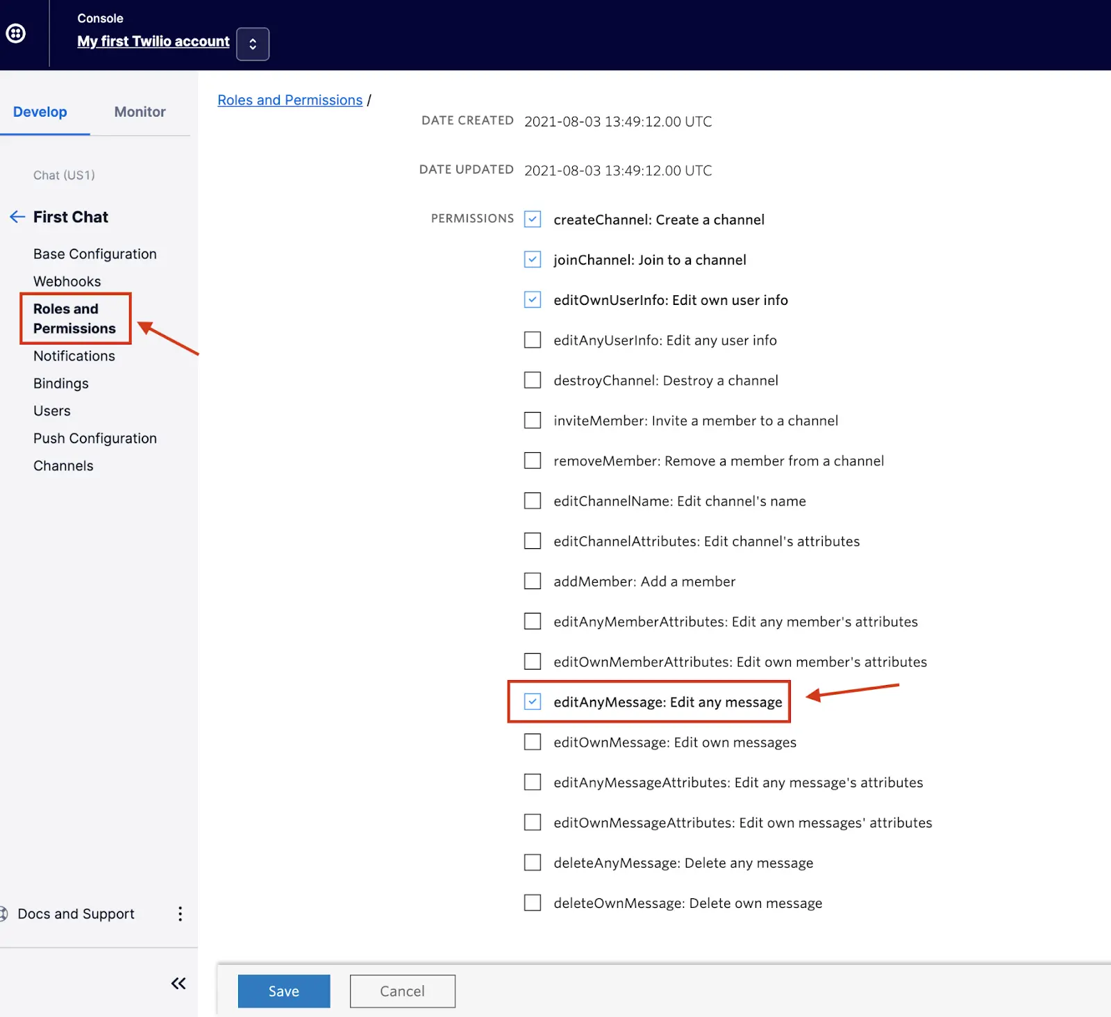 Roles and Permissions page with 'editAnyMessage' permission checked.