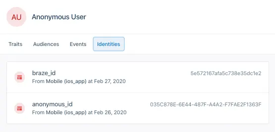 An anonymous user in Segment, with the Identities tab selected and a braze_id identity present.