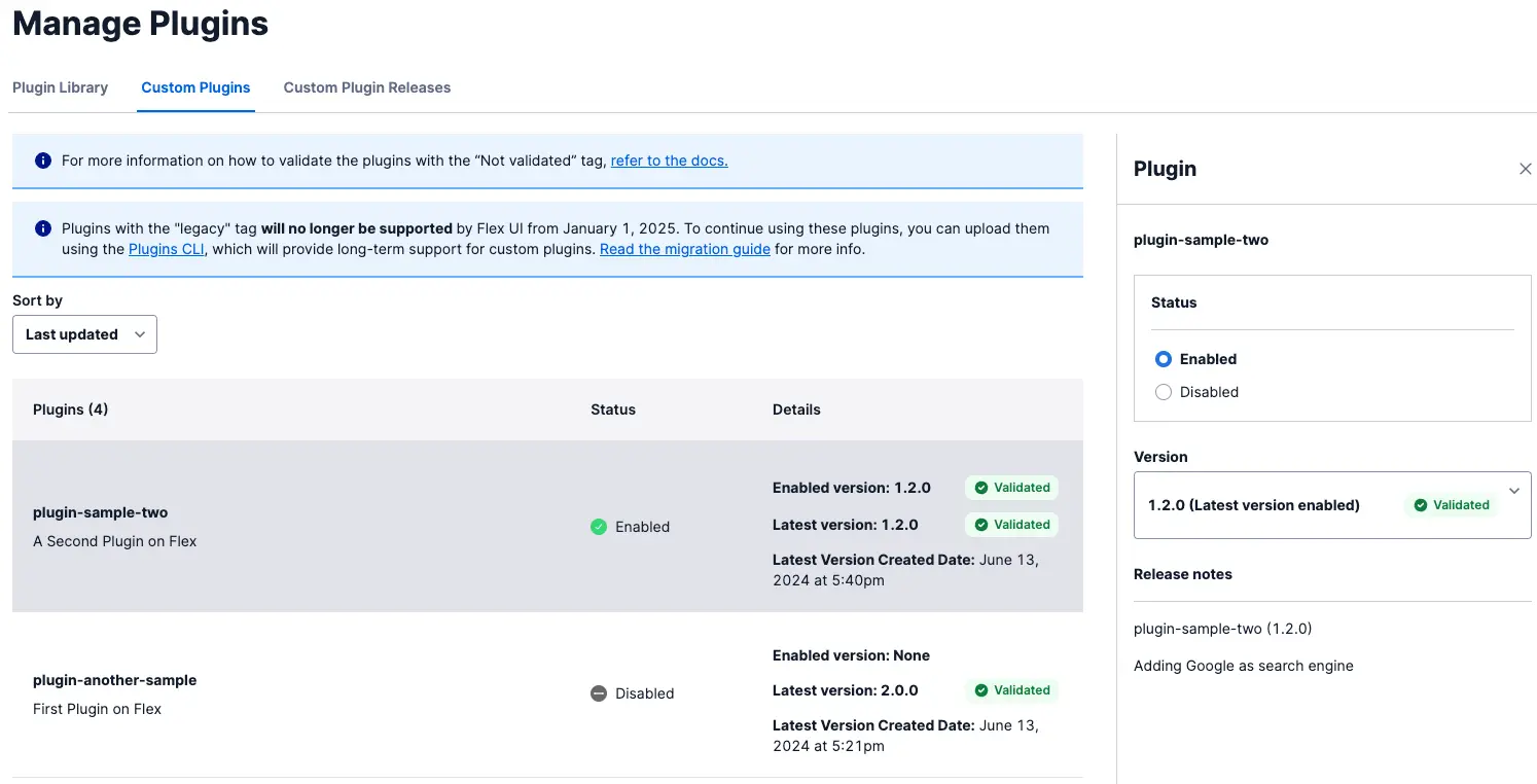 Manage Plugins dashboard showing plugin-sample-two enabled with version 1.2.0 validated.