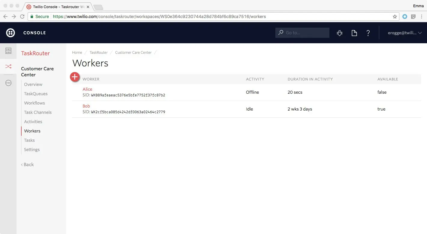 Twilio console showing Alice offline for 20 seconds, Bob idle for 2 weeks 3 days.