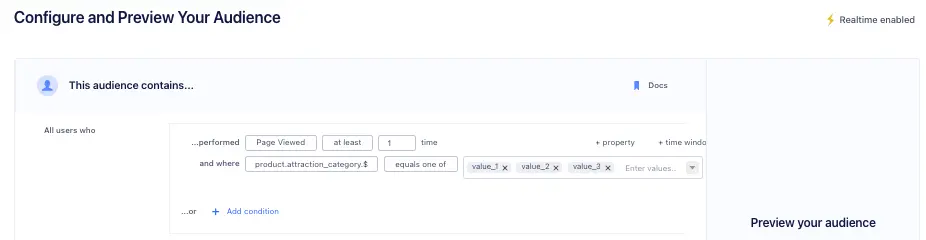 Audience builder with condition: Page Viewed at least once, product category equals one of specified values.
