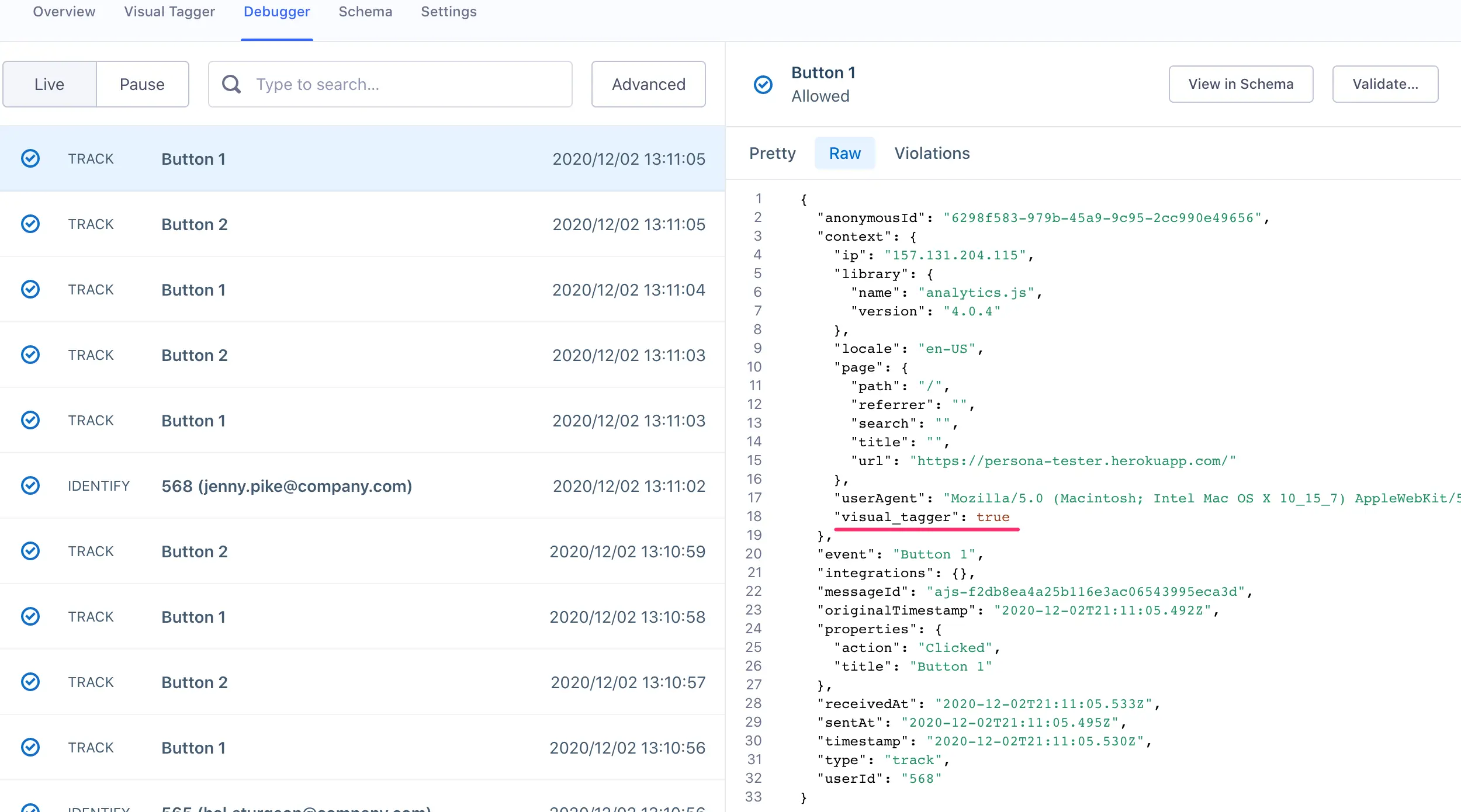 Debugger showing track events with raw JSON data details.
