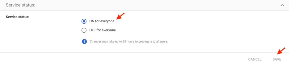 Service status set to ON for everyone with save option highlighted.
