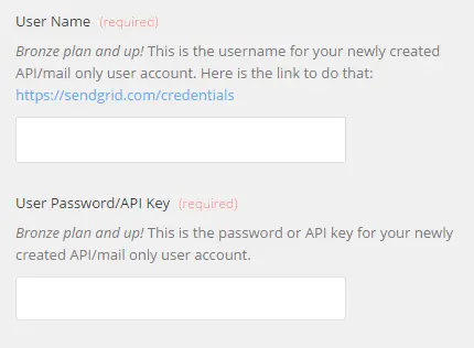 Fields for entering SendGrid API username and password, with link to credentials page.